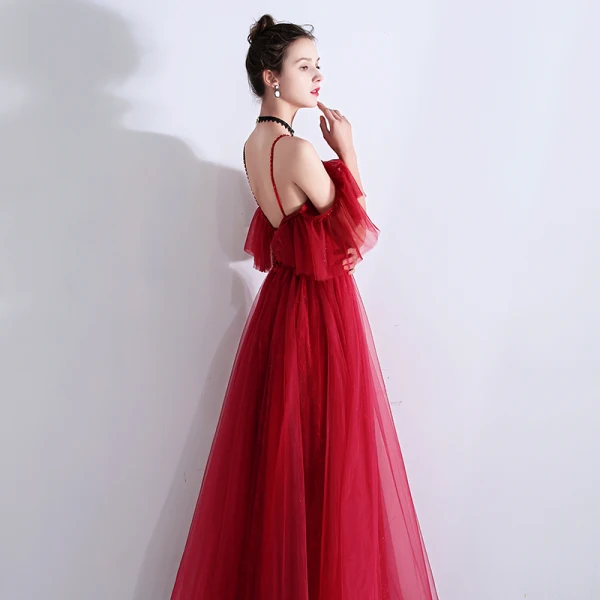 Chic / Beautiful Burgundy Evening Dresses 2019 A-Line / Princess Spaghetti Straps Beading Crystal Sleeveless Backless Floor-Length / Long Evening Party Formal Dresses