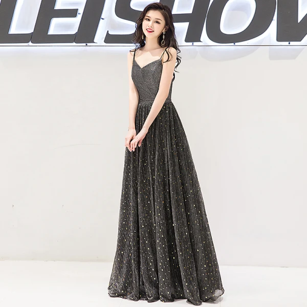 Charmant Noire Robe De Soirée 2019 Princesse Bretelles Spaghetti Étoile Paillettes Sans Manches Dos Nu Longue Robe De Ceremonie