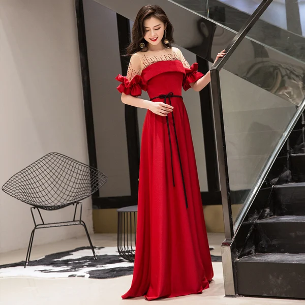 Chic / Belle Rouge Robe De Soirée 2019 Princesse Encolure Dégagée Perlage Noeud Manches Courtes Dos Nu Longue Robe De Ceremonie