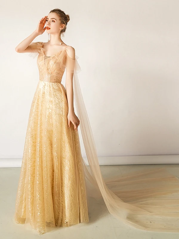 Charming Gold Evening Dresses 2019 A-Line / Princess V-Neck Glitter Sequins Sleeveless Backless Floor-Length / Long Formal Dresses