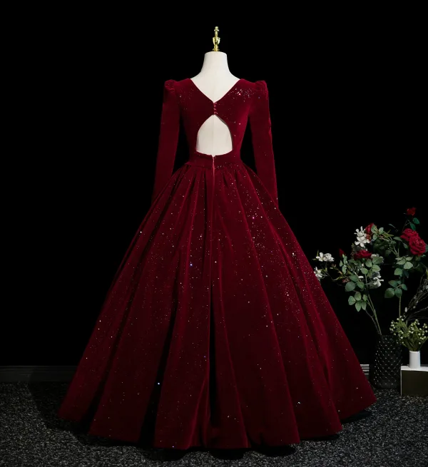 Demure Burgundy Rhinestone Sequins Velvet Prom Dresses 2025 Ball Gown Square Neckline Long Sleeve Backless Floor-Length / Long Formal Dresses
