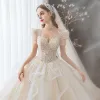 Modern / Fashion Champagne Wedding Dresses 2021 Ball Gown Scoop Neck Beading Sequins Pearl Lace Flower Appliques Short Sleeve Backless Royal Train Wedding