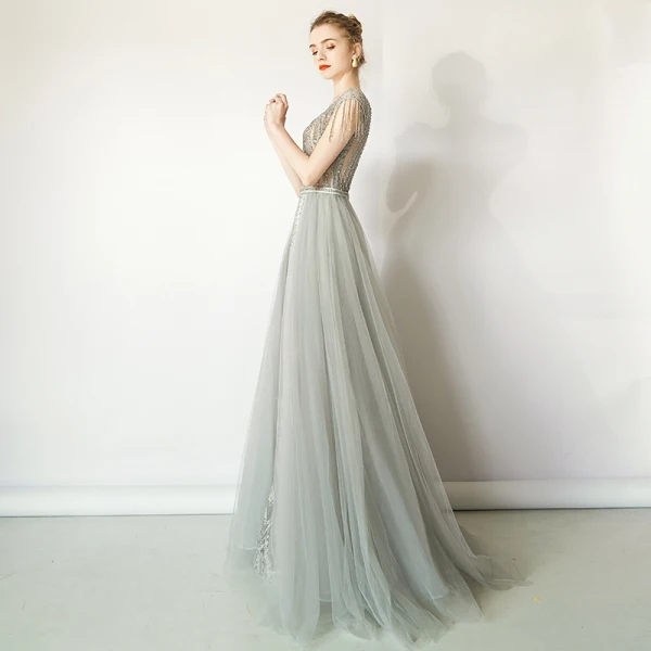 Luxury / Gorgeous Grey Evening Dresses 2019 A-Line / Princess Scoop Neck Handmade Beading Tassel Sequins Short Sleeve Sweep Train Formal Dresses