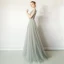 Luxury / Gorgeous Grey Evening Dresses  2019 A-Line / Princess Scoop Neck Handmade  Beading Tassel Sequins Short Sleeve Sweep Train Formal Dresses