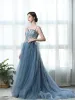 Classy Pool Blue Prom Dresses 2019 A-Line / Princess Spaghetti Straps Feather Lace Flower Appliques Pearl Sleeveless Backless Sweep Train Formal Dresses