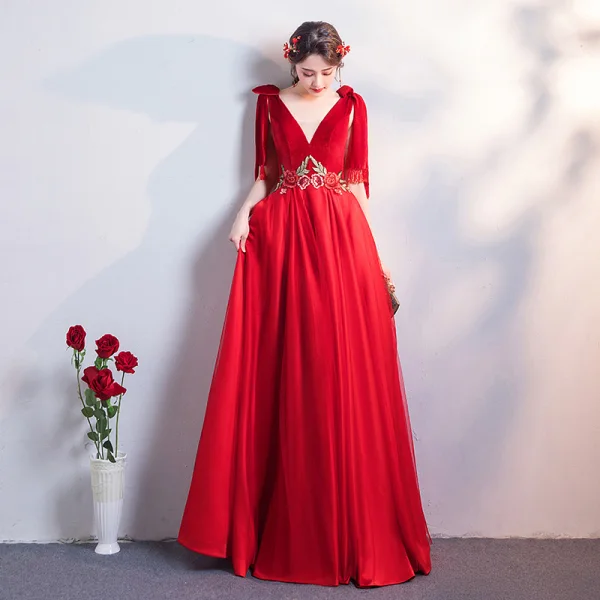Chic / Beautiful Red Evening Dresses 2019 A-Line / Princess Suede V-Neck Lace Flower Sleeveless Backless Floor-Length / Long Formal Dresses