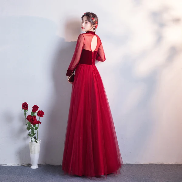 Chic / Beautiful Burgundy Evening Dresses 2019 A-Line / Princess High Neck Suede Bow Long Sleeve Backless Floor-Length / Long Formal Dresses