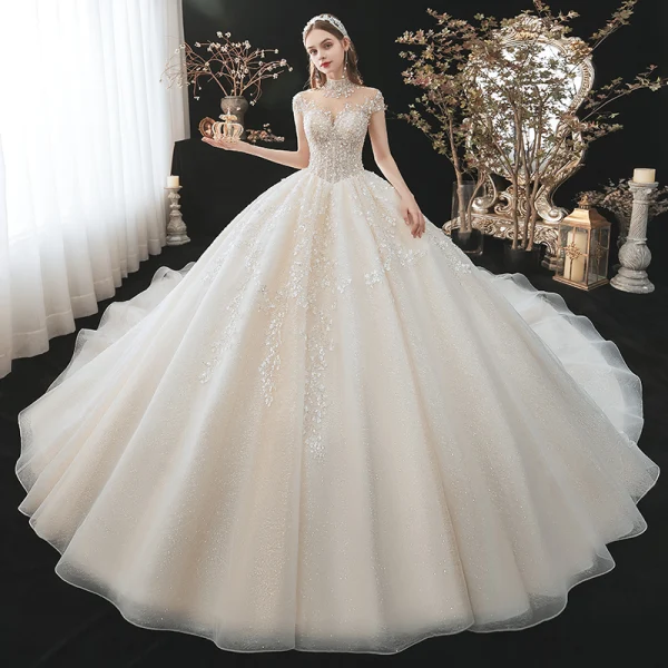 Classy Champagne Wedding Dresses 2021 Ball Gown High Neck Beading Pearl Sequins Lace Flower Appliques Short Sleeve Backless Royal Train Wedding