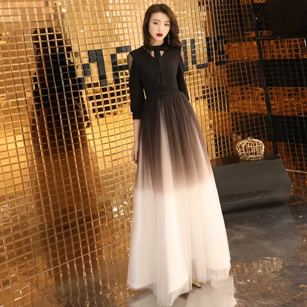 Chic / Beautiful Gradient-Color Evening Dresses  2019 A-Line / Princess Bow V-Neck 3/4 Sleeve Floor-Length / Long Formal Dresses