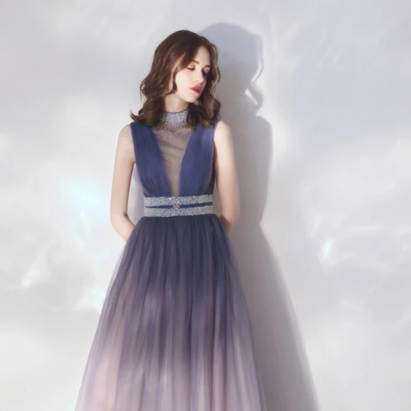 Classy Gradient-Color Evening Dresses  2019 A-Line / Princess Ruffle Sleeveless Rhinestone High Neck Floor-Length / Long Formal Dresses