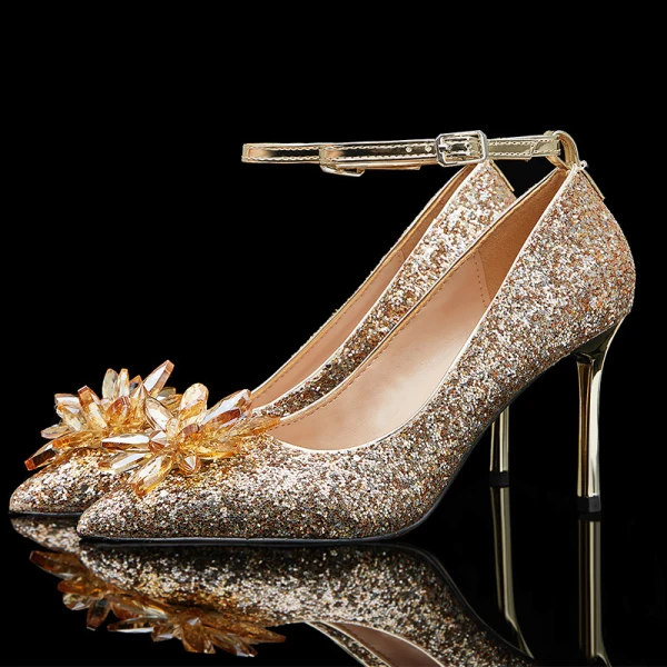 Sparkly Sølv Brudesko 2019 Krystall Paljetter Ankelstropp 9 cm Stiletthæler Spisse Pumps