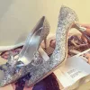 Luxury / Gorgeous Cinderella Handmade  Silver Wedding Shoes 2019 Leather Crystal Rhinestone 9 cm Stiletto Heels Pointed Toe Wedding Pumps