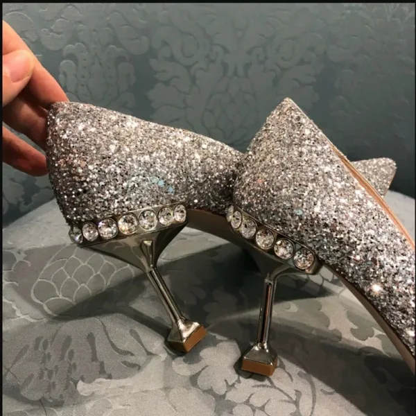 Scintillantes Argenté Chaussure De Mariée 2019 Cuir Faux Diamant Paillettes 8 cm Talons Aiguilles À Bout Pointu Mariage Escarpins