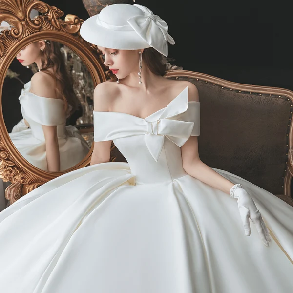 Modest / Simple Elegant Ivory Satin Wedding Dresses 2021 Ball Gown Off-The-Shoulder Bow Short Sleeve Backless Royal Train Wedding