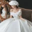 Modest / Simple Elegant Ivory Satin Wedding Dresses 2021 Ball Gown Off-The-Shoulder Bow Short Sleeve Backless Royal Train Wedding