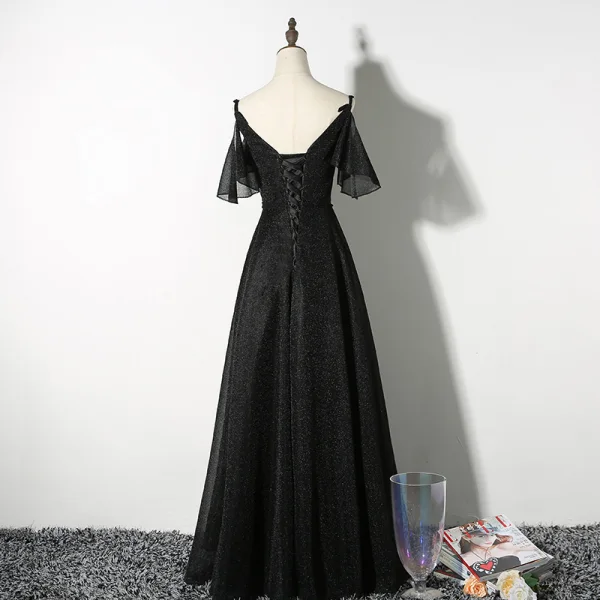 Chic / Beautiful Black Evening Dresses 2019 A-Line / Princess Spaghetti Straps Short Sleeve Backless Floor-Length / Long Formal Dresses