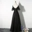 Chic / Beautiful Black Evening Dresses  2019 A-Line / Princess Spaghetti Straps Short Sleeve Backless Floor-Length / Long Formal Dresses