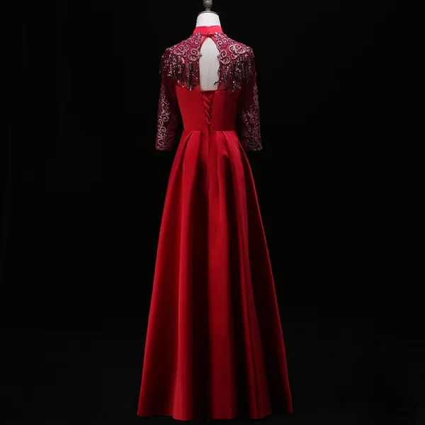 Chinese style Burgundy Evening Dresses 2019 A-Line / Princess High Neck Lace Flower Sequins Tassel 3/4 Sleeve Backless Floor-Length / Long Formal Dresses
