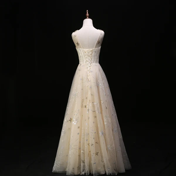 Modern / Fashion Champagne Evening Dresses  2019 A-Line / Princess Scoop Neck Lace Star Sequins Sleeveless Backless Floor-Length / Long Formal Dresses