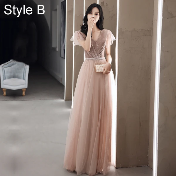 Simple Rougissant Rose Daim Robe Demoiselle D'honneur 2021 Princesse V-Cou Manches Courtes Dos Nu Longue Robe Pour Mariage