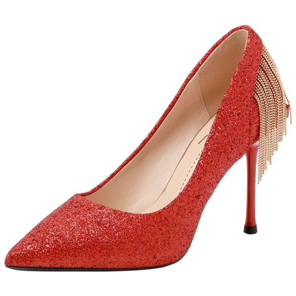 Charmant Rot Brautschuhe 2019 Pailletten Quaste 10 cm Stilettos Spitzschuh Hochzeit Pumps