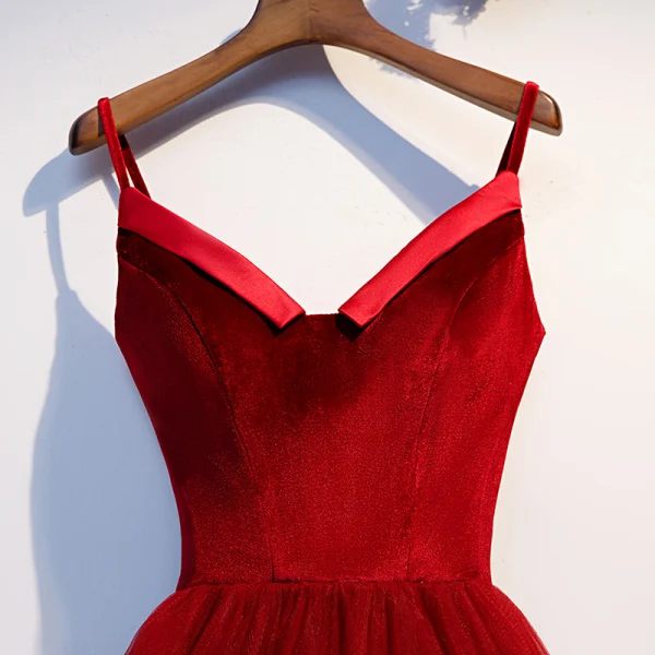 Chic / Belle Bordeaux Voyage de noces Robe De Graduation 2019 Princesse Bretelles Spaghetti Daim Sans Manches Dos Nu Courte Robe De Ceremonie
