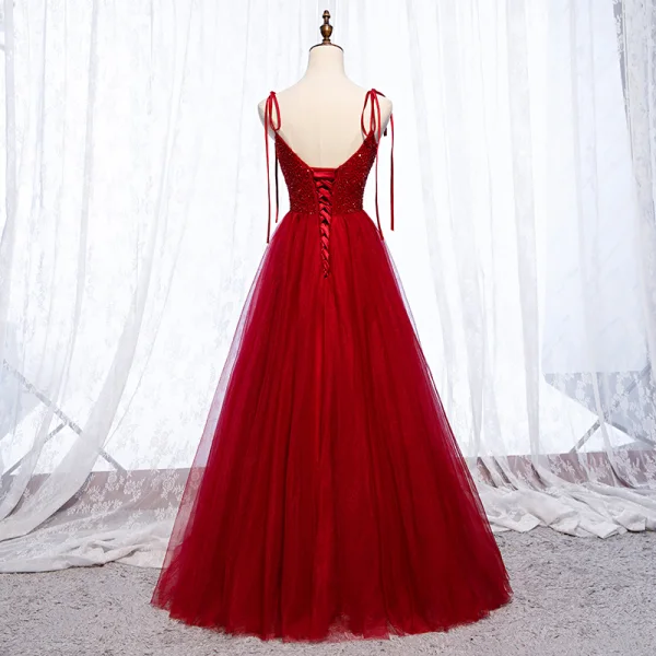 Chic / Belle Bordeaux Robe De Soirée 2019 Princesse Bretelles Spaghetti Noeud Perlage Cristal Sans Manches Dos Nu Longue Robe De Ceremonie