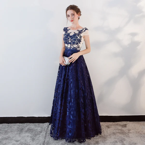 Chic / Beautiful Royal Blue Prom Dresses 2018 A-Line / Princess Beading Crystal Lace Flower Sash Scoop Neck Backless Short Sleeve Floor-Length / Long Formal Dresses