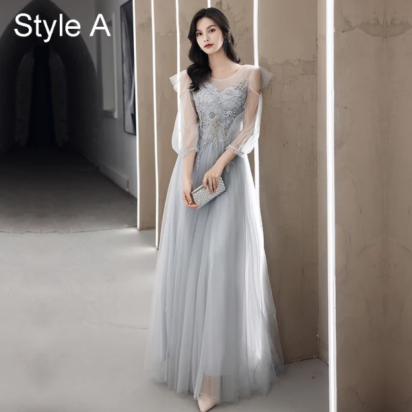Modest / Simple Grey Bridesmaid Dresses 2021 A-Line / Princess Scoop Neck Beading Pearl Lace Flower Short Sleeve Backless Floor-Length / Long Wedding Party Dresses