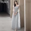 Modest / Simple Grey Bridesmaid Dresses 2021 A-Line / Princess Scoop Neck Beading Pearl Lace Flower Short Sleeve Backless Floor-Length / Long Wedding Party Dresses