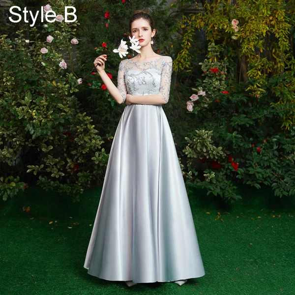 Simple Gris Robe Demoiselle D'honneur 2021 Princesse Encolure Dégagée 1/2 Manches Dos Nu Longue Robe Pour Mariage