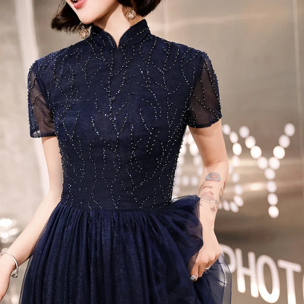 Style Chinois Bleu Marine Robe De Soirée 2019 Princesse Col Haut Perlage Cristal Manches Courtes Longue Robe De Ceremonie