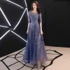Chic / Beautiful Ocean Blue Evening Dresses  2019 A-Line / Princess Scoop Neck Lace Flower 1/2 Sleeves Floor-Length / Long Formal Dresses
