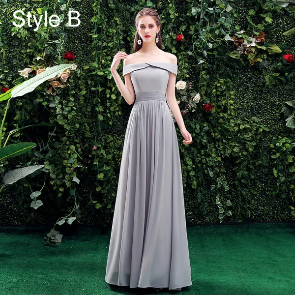 Simple Gris Robe Demoiselle D'honneur 2021 Princesse De l'épaule Manches Courtes Dos Nu Longue Robe Pour Mariage
