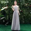 Modest / Simple Grey Bridesmaid Dresses 2021 A-Line / Princess Off-The-Shoulder Short Sleeve Backless Floor-Length / Long Wedding Party Dresses