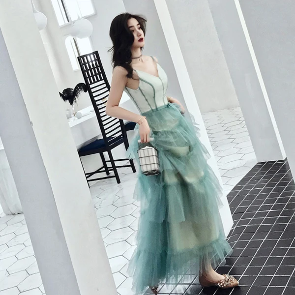 Modern / Fashion Gradient-Color Evening Dresses 2019 A-Line / Princess Spaghetti Straps Bow Sleeveless Backless Floor-Length / Long Formal Dresses