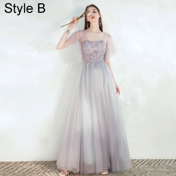 Modest / Simple Grey Bridesmaid Dresses 2021 A-Line / Princess Square Neckline Beading Lace Flower Short Sleeve Backless Floor-Length / Long Wedding Party Dresses