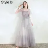 Modest / Simple Grey Bridesmaid Dresses 2021 A-Line / Princess Square Neckline Beading Lace Flower Short Sleeve Backless Floor-Length / Long Wedding Party Dresses