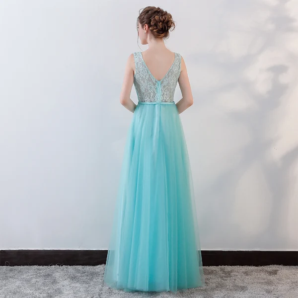 Chic / Beautiful Pool Blue Evening Dresses 2018 A-Line / Princess Lace Flower Appliques Beading Bow Scoop Neck Backless Sleeveless Floor-Length / Long Formal Dresses