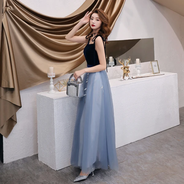 Chic / Belle Bleu Ciel Robe De Soirée 2019 Princesse Bretelles Spaghetti Noeud Paillettes En Dentelle Fleur Sans Manches Daim Dos Nu Longue Robe De Ceremonie
