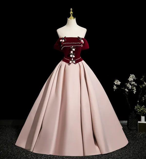 Elegant Burgundy Appliques Prom Dresses 2025 Ball Gown Off-The-Shoulder Sleeveless Backless Floor-Length / Long Prom Formal Dresses