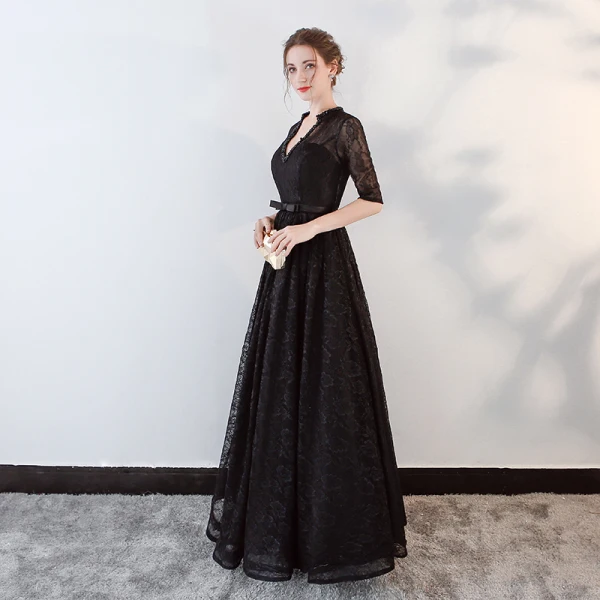 Modern / Fashion Black Evening Dresses  2018 A-Line / Princess Beading Bow Lace V-Neck Backless Pierced 1/2 Sleeves Floor-Length / Long Formal Dresses