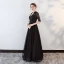 Modern / Fashion Black Evening Dresses  2018 A-Line / Princess Beading Bow Lace V-Neck Backless Pierced 1/2 Sleeves Floor-Length / Long Formal Dresses