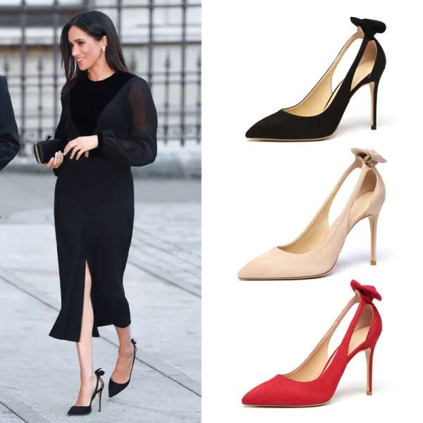 Elegant Black Casual Womens Shoes 2019 Leather Suede Bow 10 cm Stiletto Heels Pointed Toe High Heels