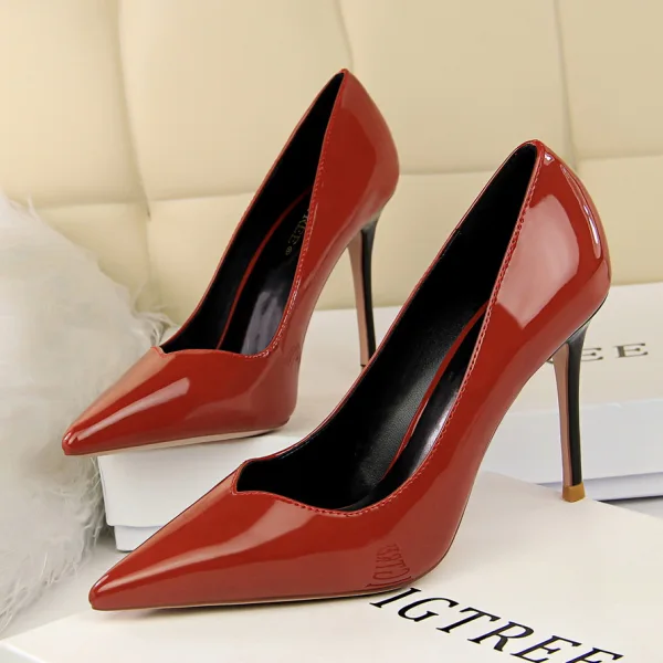 Enkel Svart Kontor Pumps 2019 Patent Lær 9 cm Stiletthæler Spisse Pumps