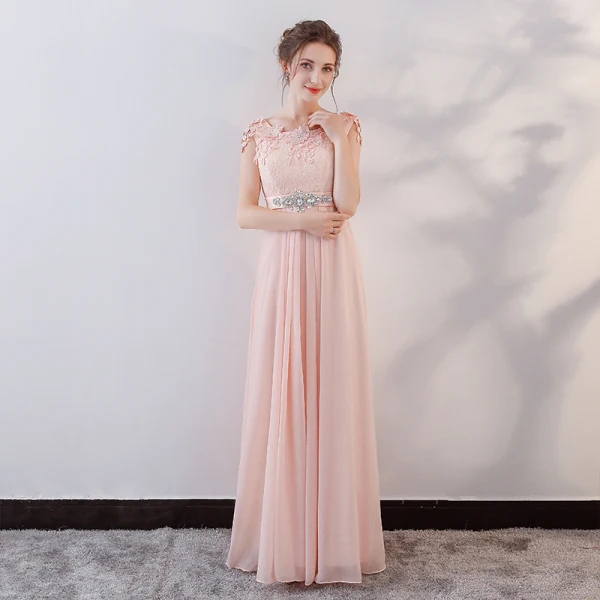 Elegant Pearl Pink Evening Dresses  2018 Empire Lace Appliques Crystal Sash Scoop Neck Backless Sleeveless Floor-Length / Long Formal Dresses