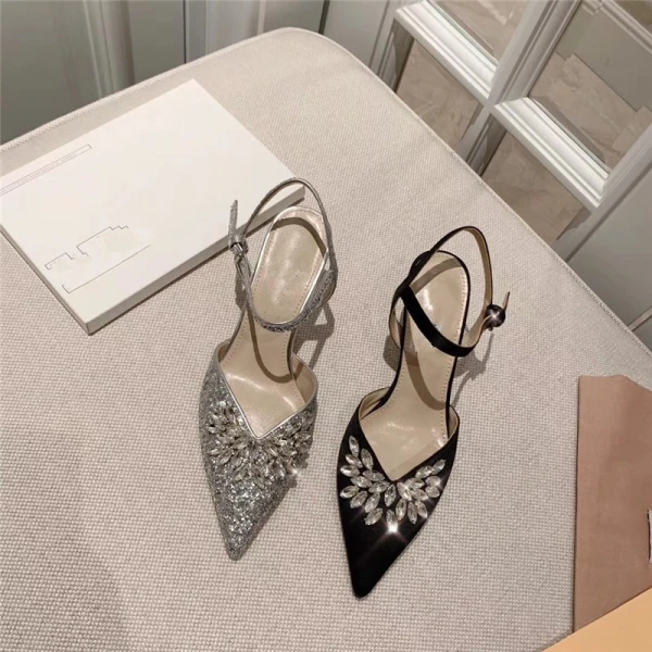 Glitzernden Silber Brautschuhe 2019 Leder Kristall Pailletten Knöchelriemen 6 cm Stilettos Spitzschuh Hochzeit Hochhackige