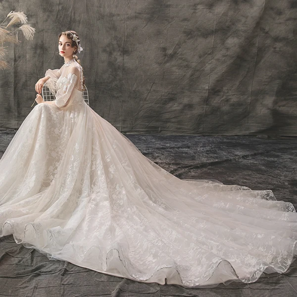 Élégant Ivoire Robe De Mariée 2019 Princesse Col Haut En Dentelle Fleur 3/4 Manches Dos Nu Chapel Train
