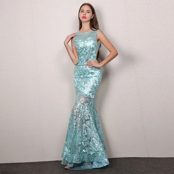 Sexy Noire Robe De Soirée 2019 Trompette / Sirène Encolure Dégagée Paillettes Faux Diamant En Dentelle Fleur Sans Manches Dos Nu Train De Balayage Robe De Ceremonie