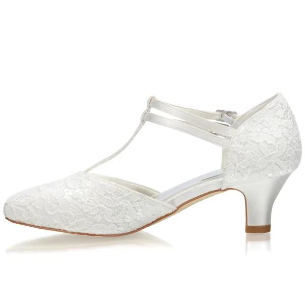 Elegant Ivory Satin Lace Wedding Shoes 2021 T-Strap 5 cm Thick Heels Pointed Toe Wedding High Heels